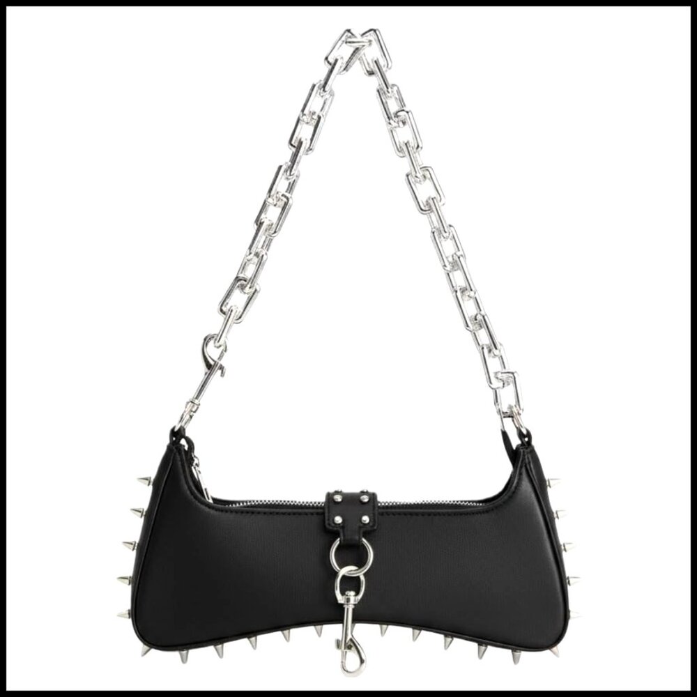 Gothic Punk Handbag with Silver Chain Strap Spiked Studs Leather Shoulder Bag